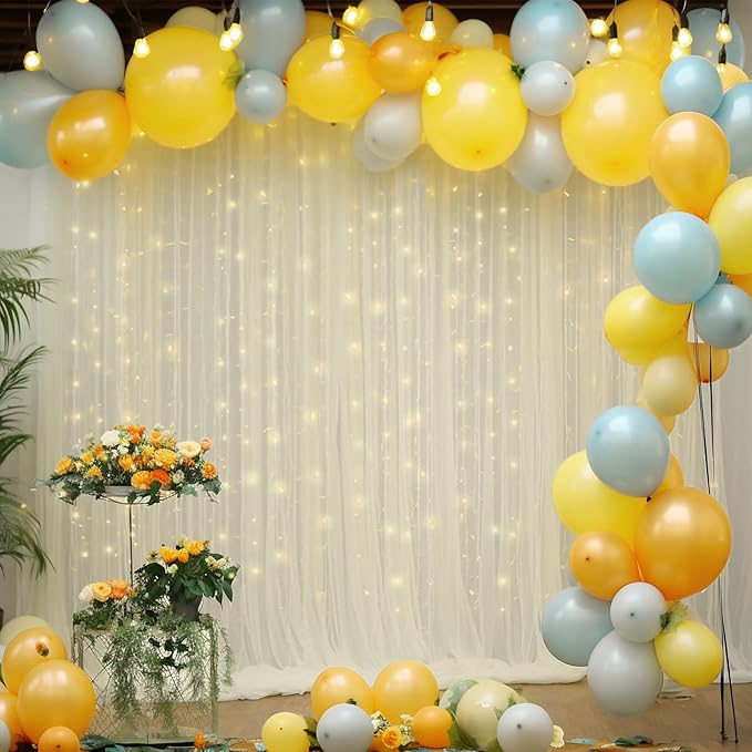 30ft x 10ft Ivory Backdrop Curtain with Lights String for Parties, Sheer Tulle Wedding Photo Backdrops Drapes for Baby Shower Birthday Party Decorations Background for Photography