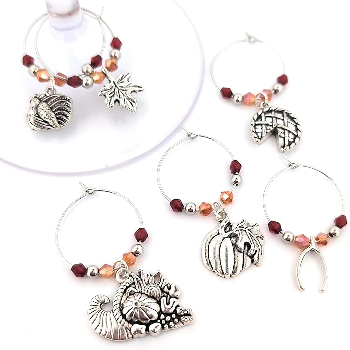 Thanksgiving Wine Charms, Turkey, Leaf, and Pumpkin Wine Charms, Thanksgiving Gifts, Glass Tag Identifier, Cornucopia, Apple Pie, Wishbone, Dinner Party Supplies and Party Favors - 6 Pack