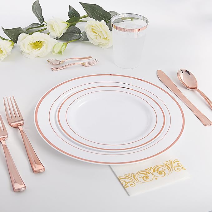 WDF 300 Pieces Rose Gold Plastic Silverware- Disposable Flatware Set - Heavy Duty Plastic Cutlery Includes 100 Forks, 100 Spoons, 100 Knives Perfect for Wedding, Party