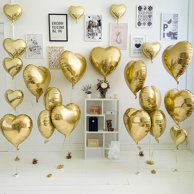 Champagne Gold Heart Balloons, 19PCS Light Gold Heart Shape Balloons, 18Inch with 10Inch Foil Gold Balloon for Birthday Marriage Wedding Bridal Party Anniversary Decoration