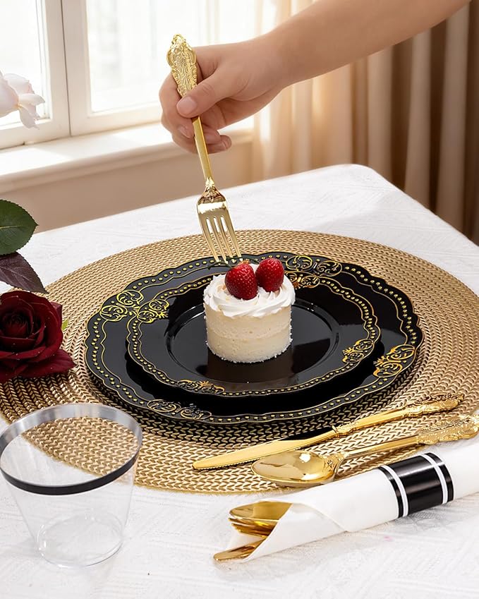 Ciaell 350 PCS Black Plastic Plates - Black and Gold Plates - Black Disposable Plates Include 50 Disposable Plate, 150 Heavy Duty Silverware, 50 Cups, 50 Napkins for Wedding & Party & New Year
