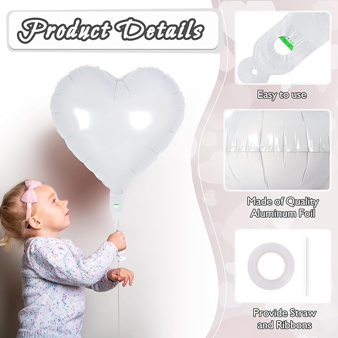 12 Pcs White Heart Balloons,18 Inch Heart Foil Balloons Love Balloon Valentine Balloon for Birthday Party Wedding Engagement Party Baby Shower Valentine Day Decorations (white)