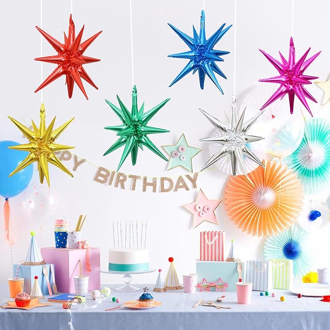 6PCS Star Balloons, 22Inch Large Colorful Star Balloon Foil Balloons Spike Cone Balloon for Birthday Graduation Anniversary Christmas New Year Party Decorations