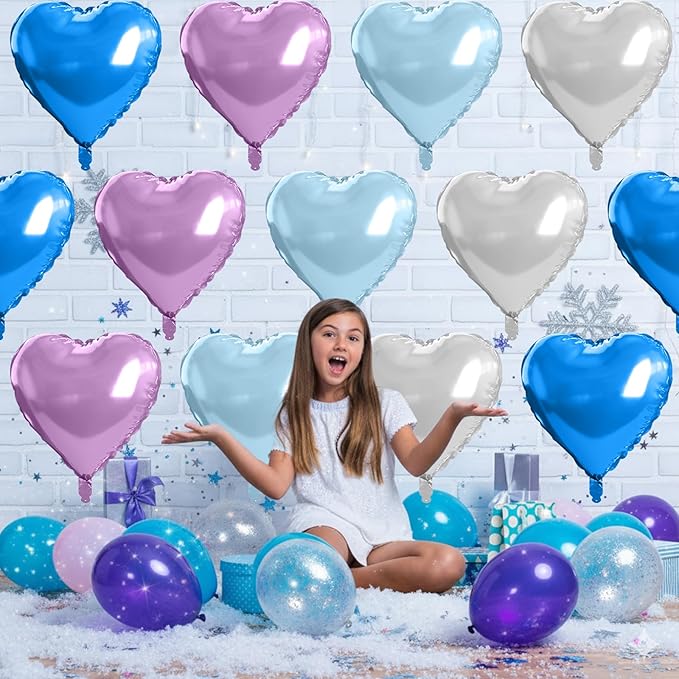 Blue Purple Silver Heart Balloons, 10 Pcs 18 Inch Metallic Purple Blue Heart Shape Foil Balloon for Kids Girls Ice Princess Wonderland Frozen Birthday Wedding Valentines Baby Shower Party Decorations