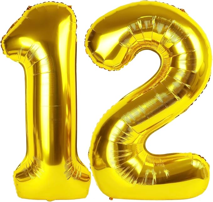 Gold Number 12 Balloon 40 Inch, 12th Birthday Party Decorations for Children, Giant 12 Foil Balloon for Party Supplies