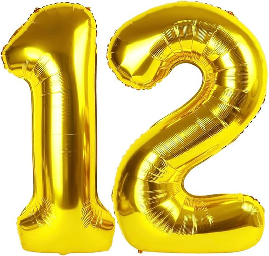 Gold Number 12 Balloon 40 Inch, 12th Birthday Party Decorations for Children, Giant 12 Foil Balloon for Party Supplies
