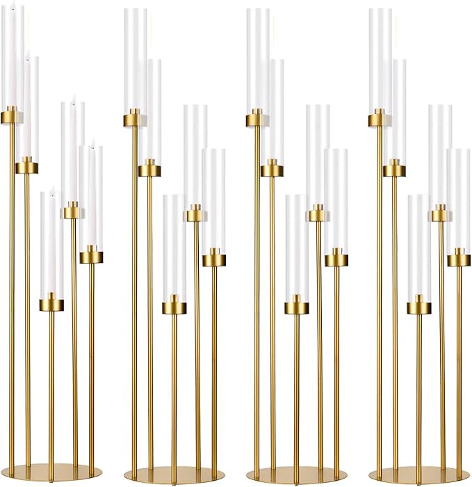 5 Arm Candelabra with Acrylic Lampshade Set of 4 Gold Candelabra for Wedding Table Birthday Party Home Decoration 39.4'' Candle Holder Fit LED Taper Candles