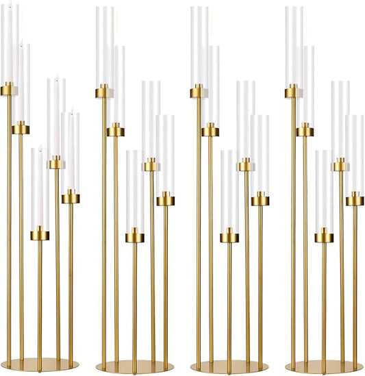 5 Arm Candelabra with Acrylic Lampshade Set of 4 Gold Candelabra for Wedding Table Birthday Party Home Decoration 39.4'' Candle Holder Fit LED Taper Candles