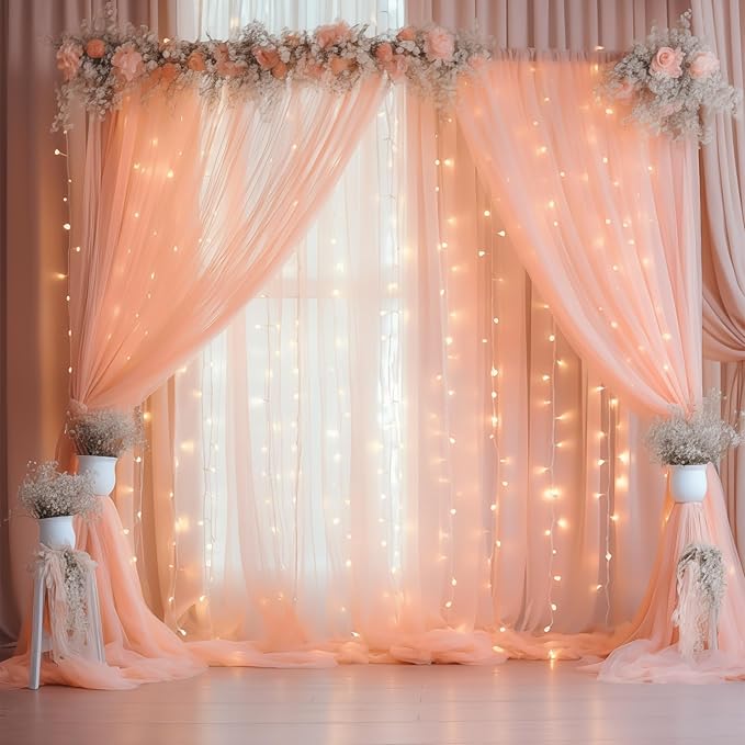 10ft x 10ft Peach Backdrop Curtain Panels with Lights String for Parties, Sheer Tulle Wedding Photo Backdrops Drapes for Baby Shower Birthday Party Decorations Background for Photography