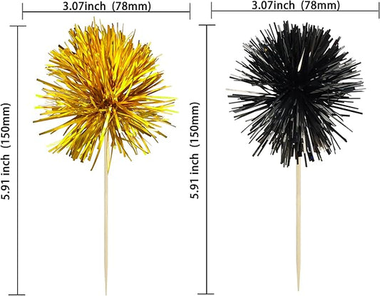 Ephlyn 30Pcs Foil Firework Cupcake Toppers Sparkle Tinsel Cupcake Picks Happy Birthday Cake Decorations Drink Stirrers Cocktail Food Toothpicks for Baby Shower Graduation Party Supplies Black Gold