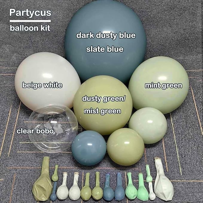 Blue Green Balloon Arch Kit Double Stuffed, Dusty Mint Green Slate Blue White Pastel Olive Balloon Garland with Clear Bobo for Neutral Baby Shower Bridal Wedding Birthday Winter Party Decoration