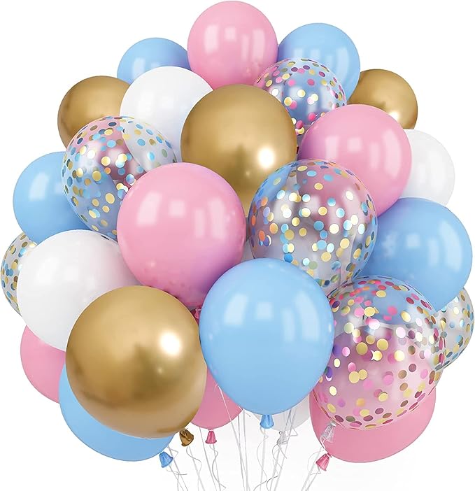 Balloons Pink and Blue, 60 Pack 12 Inch Pastel Light Pink Blue with Metallic Gold Confetti Balloons for Birthday, Gender Reveal, Baby Shower, Boy or Girl Party Decoration