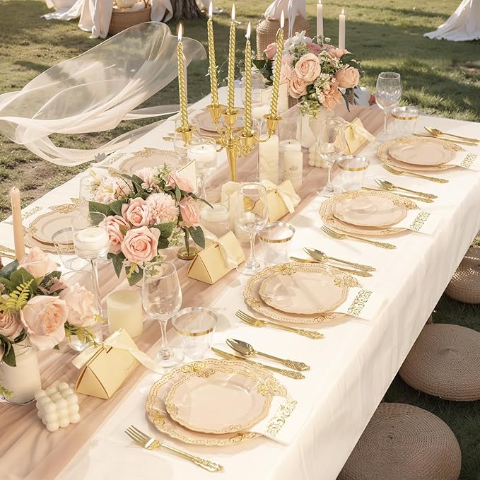 Ciaell 175 PCS Pink and Gold Plastic Plates - Fancy Gold Disposable Dinnerware Set with of 50 Plates, 25 Knives, 25 Forks, 25 Spoons, 25 Cups, 25 Napkins for Party & Weddings
