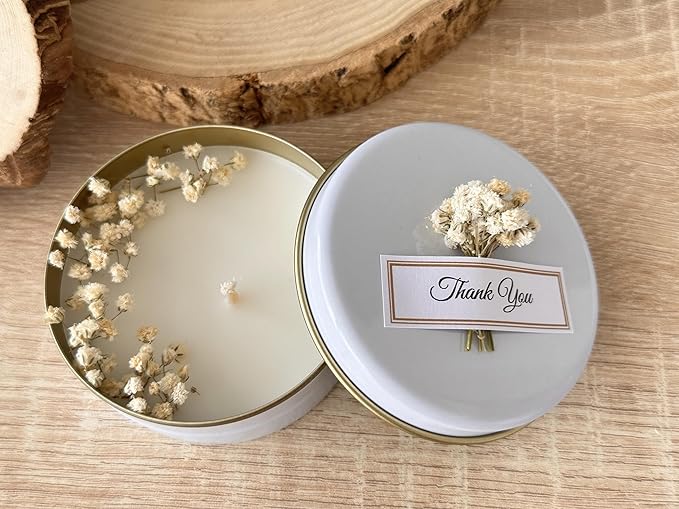 Scented Soy Wax Candle Favors with Dried Flowers - Personalized for Weddings, Bridal Showers, Baby Showers, Birthdays (10-20-30-40-50-100 PCS in Bulk)