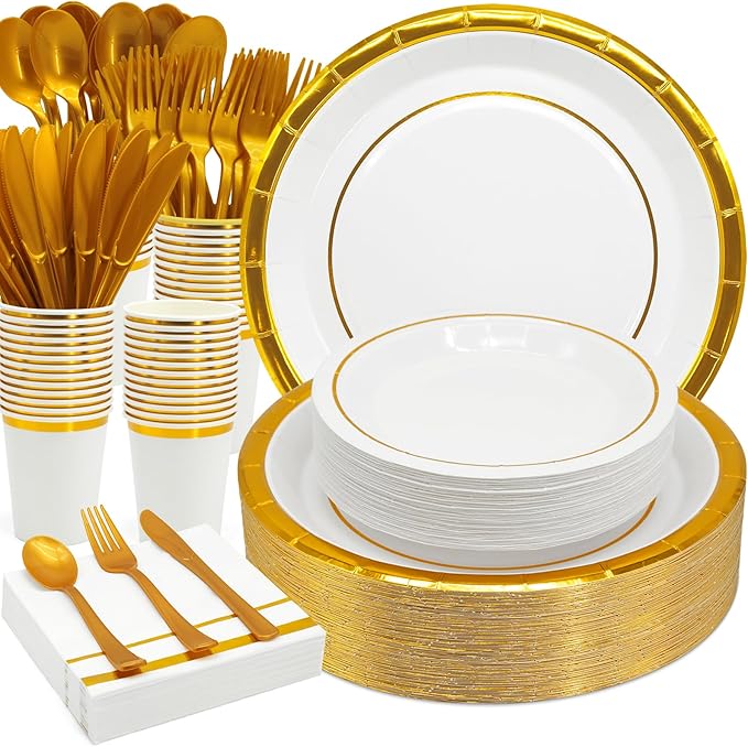 AIRE 350PCS White Gold Paper Plates Party Supplies Dinnerware Sets for 50 Guests, Disposable Paper Party Plates Napkins, Gold Plastic Forks Knives Spoons Cups for Wedding Birthday BBQ Parties