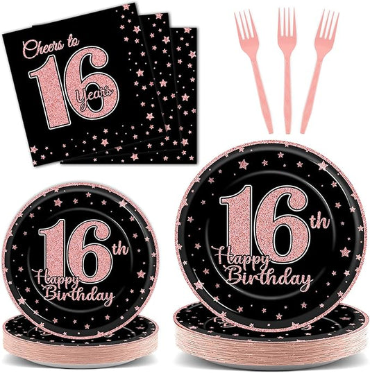 96 Pieces Rose Gold 16th Birthday Party Plates Sweet 16th Theme Party Decorations Black Rose Gold Paper Plates and Napkins Pink Birthday Disposable Dessert Tableware Set 16 Years Supplies 24 Guests