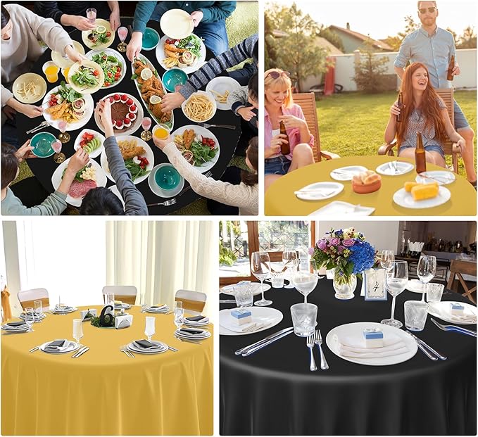 MASHAN 12 Pcs Black and Gold Plastic Tablecloths Bulk,84 Inch Disposable Round Party Table Cloth Waterproof Table Cover for Birthday Wedding Anniversary Graduation Party Decorations Supplies