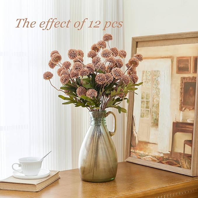 SITUMEIZI Taupe Pompon Mum Artificial Flowers Taupe Faux Silk Mums Mini Chrysanthemum with Stems 6Pcs for DIY Wedding Centerpieces Floral Arrangements