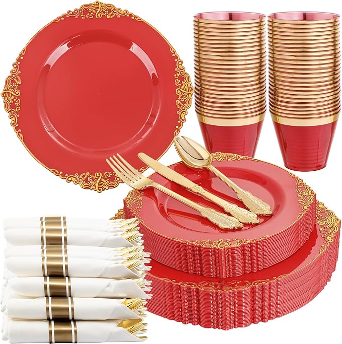 Nervure 175PCS Red Plastic Plates - Disposable Red Gold Party Plates & Pre Rolled Napkins with Cutlery for 25 Guests, 50Plates, 75Silverware, 25Cups, 25Napkin for Wedding & Party & Independence