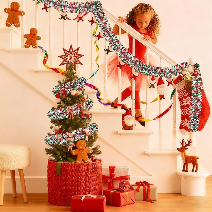 50Ft Christmas Tinsel Garland, Red Grenn Silver Metallic Twist Garland for Xmas Tree Decorations, Tinsel for New Year Party Ceiling Hanging Decorations Indoor and Outdoor Decor