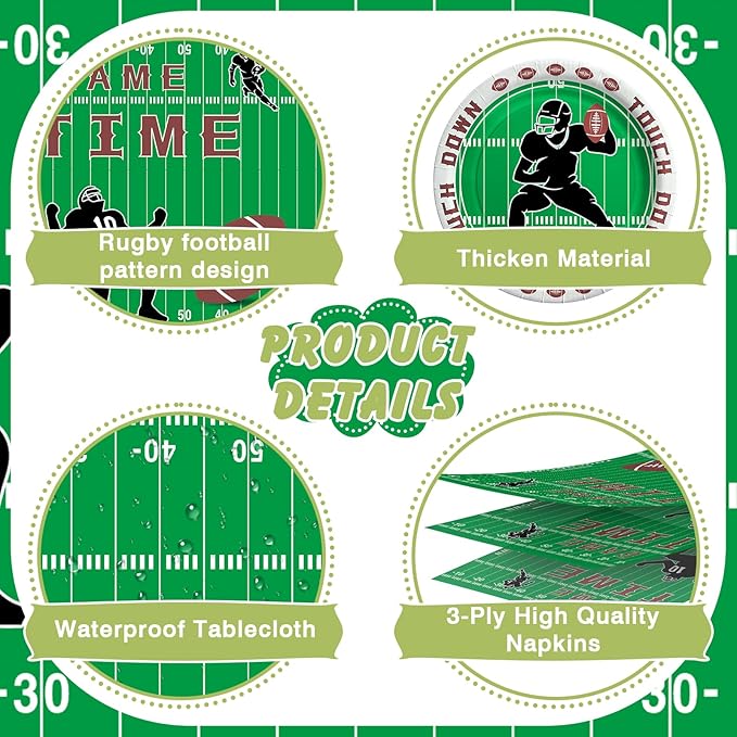 Football Birthday Decorations, 170 Pcs Football Party Decorations Including Banner, Plates, Cups, Napkins, Cutlery, Straws and Tablecloths, Serves 24