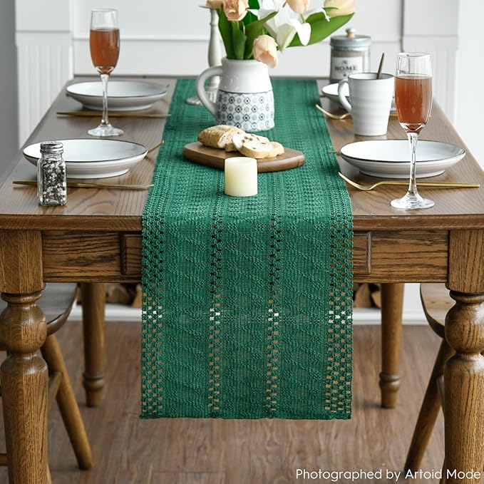 Artoid Mode Dark Green Farmhouse Woven Rustic Hollow Table Runner, Seasonal Holiday Hollow Kitchen Dining Table Decoration for Home Party Decor 12x48 Inch