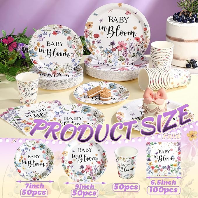 Hsei 250 Pcs Baby in Bloom Baby Shower Decorations Wildflower Plates and Napkins Set Spring Floral Party Tableware Set for 50 Guests Floral Disposable Plates Napkins Cups for Birthday Party Supplies