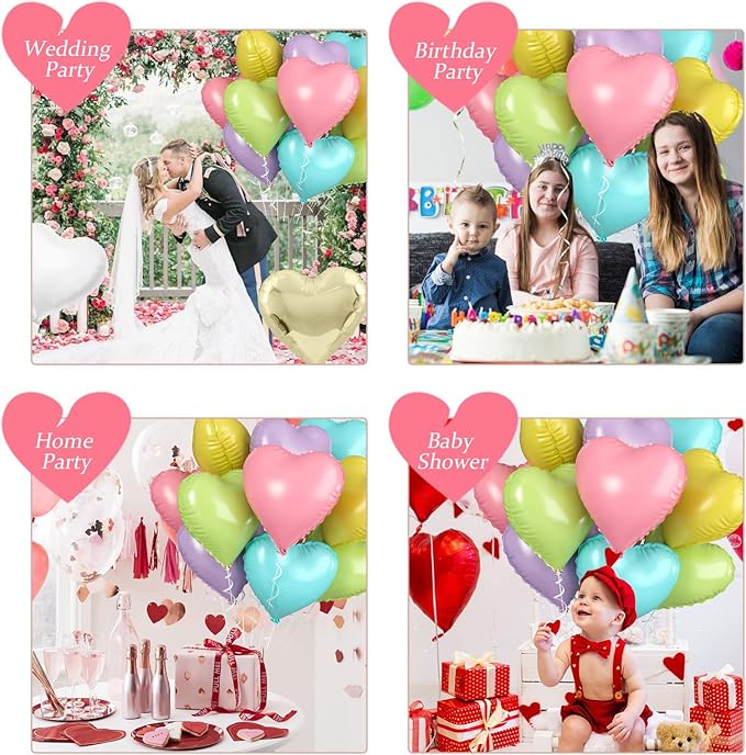 Biapian Pastel Heart Balloons, 10 Pcs Macaron Heart Shape - 18inch Pastel Pink Purple Green Teal Yellow Foil Valentines Balloons for Kids Candy Birthday Wedding Baby Shower Decoration