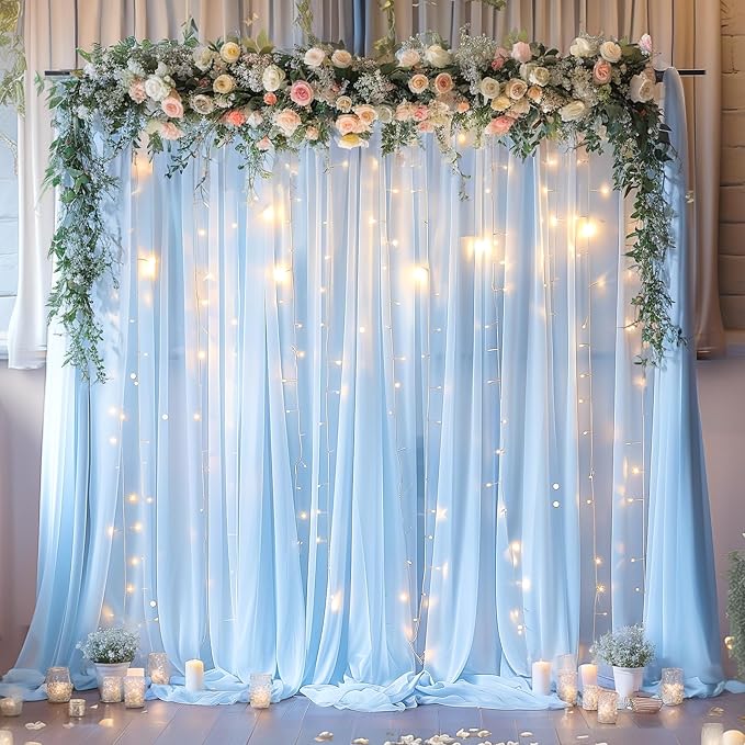10ft x 10ft Blue Backdrop Curtain with Lights String for Parties, Sheer Tulle Wedding Photo Backdrops Drapes for Baby Shower Birthday Party Decorations Background for Photography