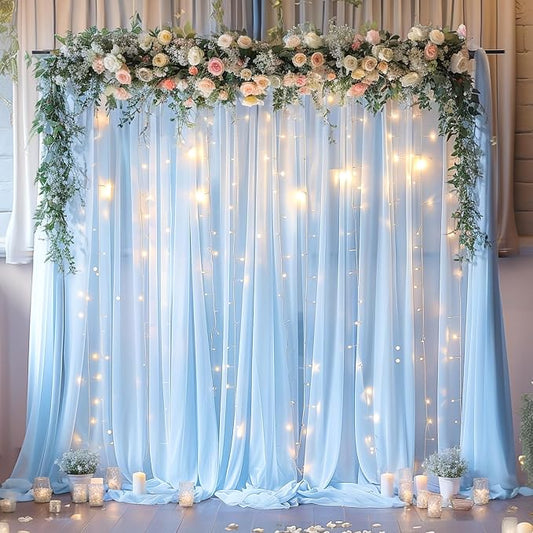 10ft x 10ft Blue Backdrop Curtain with Lights String for Parties, Sheer Tulle Wedding Photo Backdrops Drapes for Baby Shower Birthday Party Decorations Background for Photography
