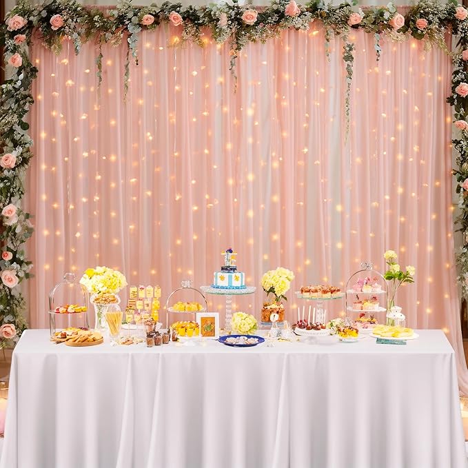 10ft x 8ft Peach Backdrop Curtain with Lights String for Parties, Sheer Tulle Wedding Photo Backdrops Drapes for Baby Shower Birthday Party Decorations Background for Photography
