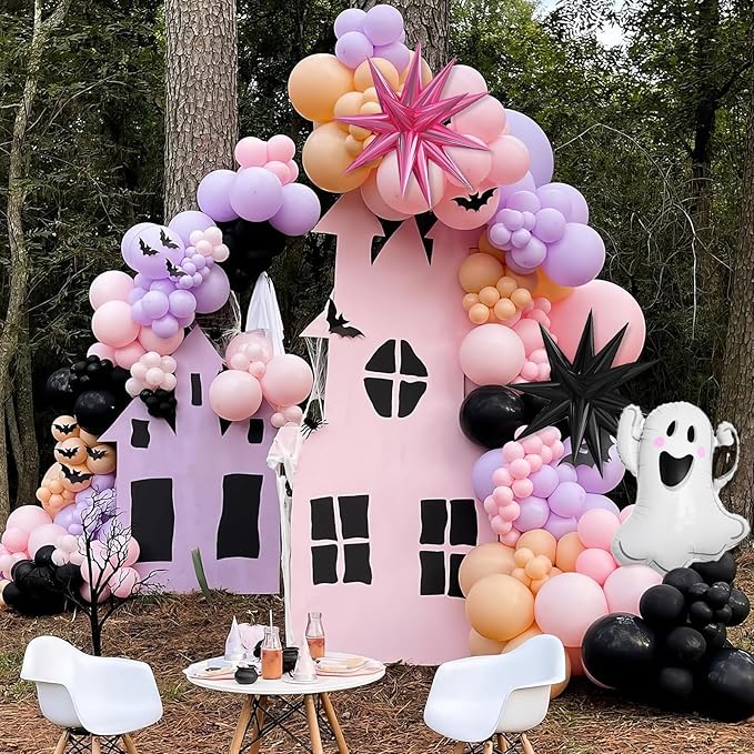 Pastel Halloween Balloon Arch Kit, Purple Pink Orange Black Balloons Garland with Cute Ghost Balloons Pink Explosion Star Foil Balloons for Girls Spooky Birthday Party BOO Halloween Party Decoration