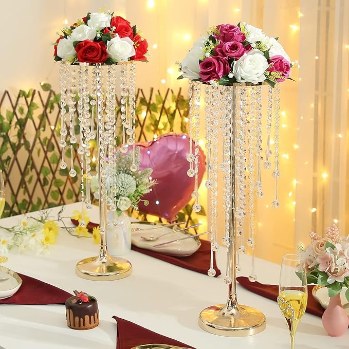 10 Pcs Bead Crystal Flower Arrangement Stand, Gold Vases for Centerpieces Table Decorations,for Home Party Wedding Anniversary Decor, 21.6in