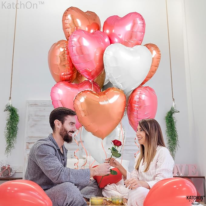 KatchOn Rose Gold, Pink White Heart Balloons - 18 Inch, Pack of 12 | Heart Shaped Balloons for Baby Shower, Birthday Decorations, Anniversary and Wedding Party Decorations