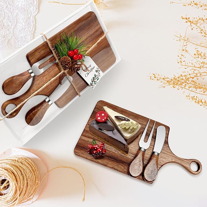 2 Pcs Christmas Gifts Bridal Shower Favor Acacia Wooden Square Cheese Board Gift Set With Knives, Mini Cutting Board Bulk Set, Tags and Boxes for Party Birthday