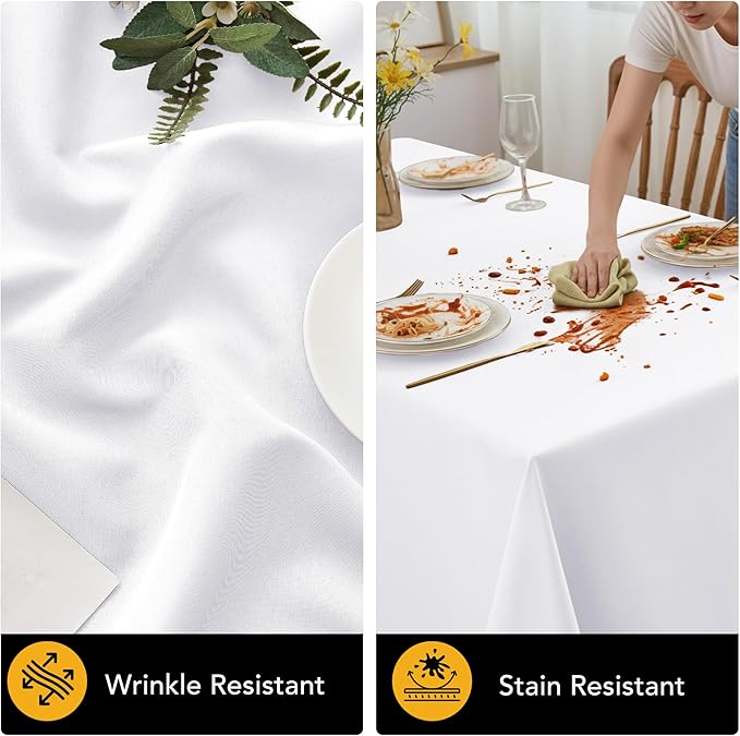 10-Pack White Tablecloths for Rectangle Tables, 60 x 84 Inches, Stain-Resistant Polyester Fabric for 4 Foot Tables - Washable Table Covers for Weddings, Banquets, Birthday Parties, Events