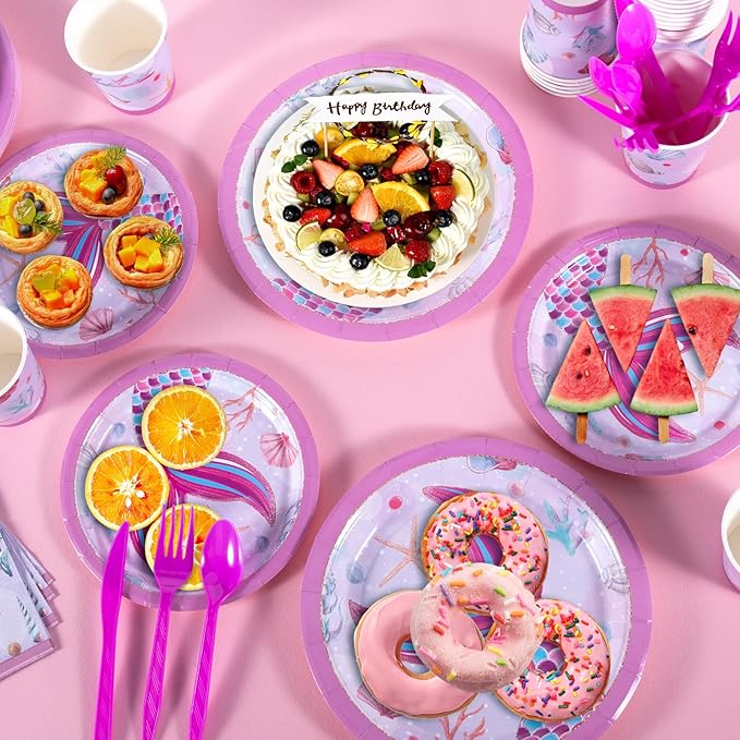 Mermaid Birthday Decorations, 170 Pcs Mermaid Party Supplies, Including Banner, Plates, Cups, Napkins, Cutlery and Tablecloths, Serves 24