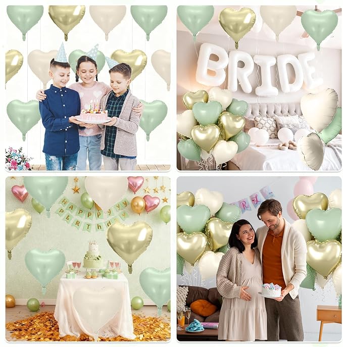 Sage Green Gold Heart Balloons, 10 Pcs Light Gold Cream Heart Shaped Balloon, 18 Inch Olive Green Sand White Foil Balloons for Jungle Safari Brithday Baby Shower Wedding Valentines Party Decoration