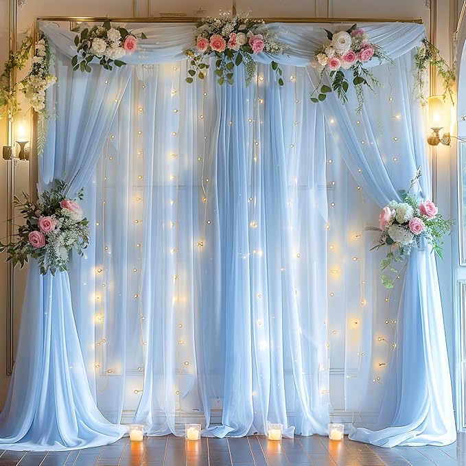 10ft x 10ft Blue Backdrop Curtain with Lights String for Parties, Sheer Tulle Wedding Photo Backdrops Drapes for Baby Shower Birthday Party Decorations Background for Photography