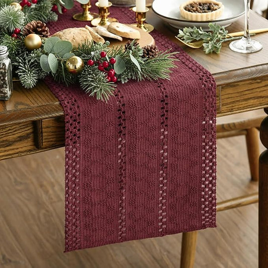 Artoid Mode Red Farmhouse Woven Rustic Hollow Table Runner, Seasonal Holiday Hollow Kitchen Dining Table Decoration for Home Party Decor 12x60 Inch