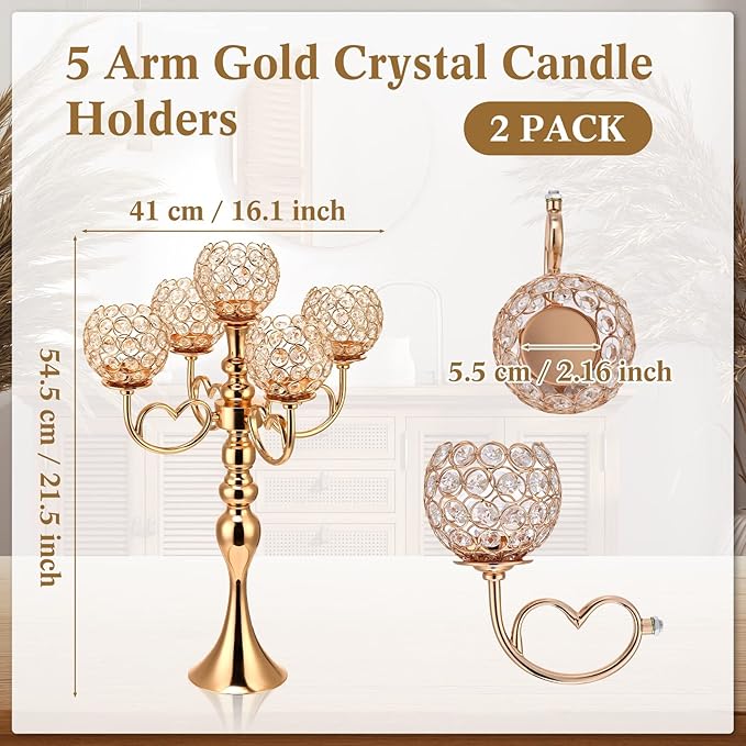 2 Pack 5 Arm Crystal Candelabra Centerpieces 21.5 Inch Tall Candle Holder Table Candelabra Stand with Crystal Candle Holder Bowl for Home Wedding Anniversary Dinner Party Table Decoration (Gold)