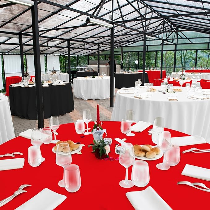 MASHAN 12 Pcs Red Black White Plastic Tablecloths Bulk,84 Inch Disposable Round Party Table Cloth Waterproof Table Cover for Birthday Wedding Anniversary Graduation Party Decorations Supplies
