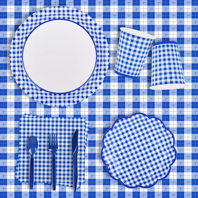 Gatherfun Gingham Blue and White Party Supplies Disposable Paper Plates Napkins Cups Knives Spoons Forks Tablecloth Banner for Birthday Party Family Dinner Picnic Barbecue Father's Day Party, Serve 25