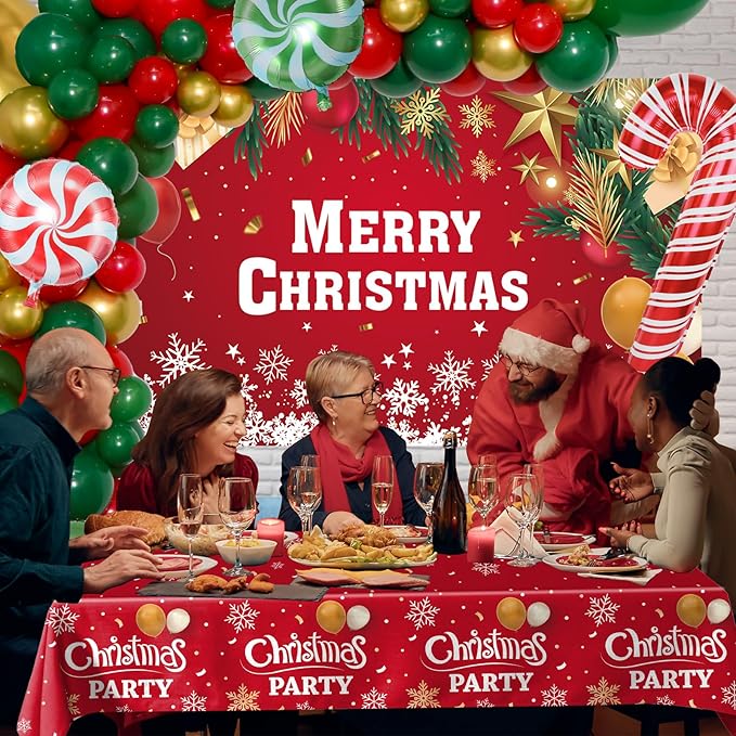 2025 Christmas Party Decorations-Balloon Arch Garland Kit with Green Red Candy Cane Balloons, Merry Christmas Backdrop Banner Tablecloths for XMAS Decorations Supplies