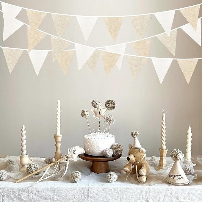 46Ft Burlap Party Decorations White Beige Burlap Banner Triangle Pennant Flag Linen Bunting Garland Streamers for Vintage Birthday Wedding Rustic Baby Shower Engagement Easter Party Decorations