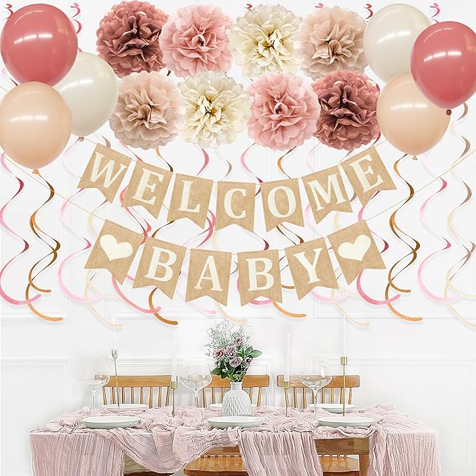 Baby Shower Party Decorations Kit Welcome Baby Heart Burlap Banner with Dusty Pink Cheesecloth Table Runner Tissue Flowers Pom Pom Felt Swirl Balloons for Boho Hello Baby Party Decorations Supplies