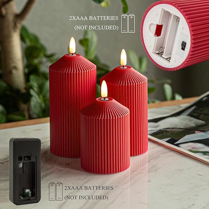 Flameless Candles with Remote, Battery Operated Candles Real Wax LED Fake Pillar Candles with Timer Flickering Flame for Wedding Home Party, Set of 3 Red