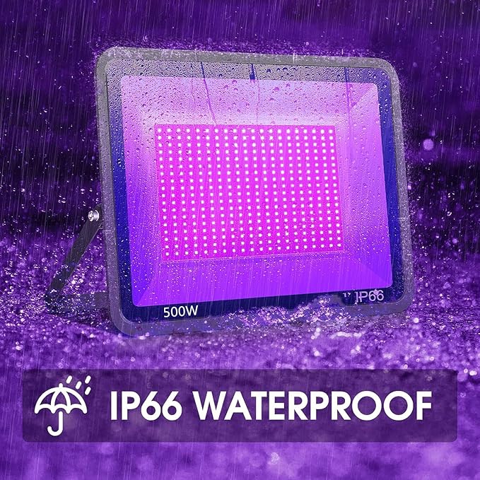 2 Pack 500W LED Black Lights,Outdoor Flood Blacklight Light with Plug, IP66 Waterproof 395nm to 410nm forGlow in The Dark, Dance Party, Stage Lighting, Body Paint, Fluorescent Poster, Neon Glow