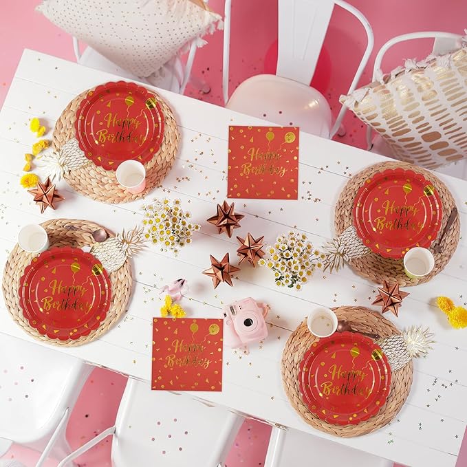 50PCS Happy Birthday Paper Plates and Napkins Party Decorations - 7 Inch Scalloped Red and Gold Dessert Plates and 6.5 Inch Napkins Disposable Tableware Set Birthday Party Supplies, Serves 25