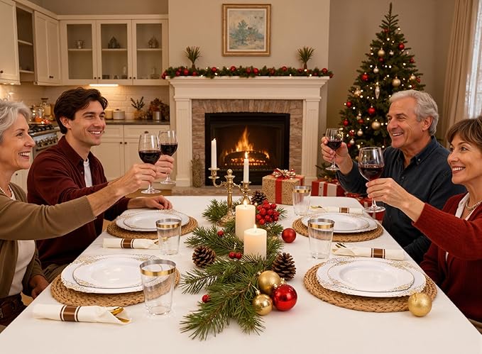 Nervure 175PCS White and Gold Plastic Plates - Disposable Dinnerware Set Include 50 Gold Plates for Dinner and Dessert, 75 Cutlery, 25Cups 25Napkins for Wedding & Party & Thanksgiving